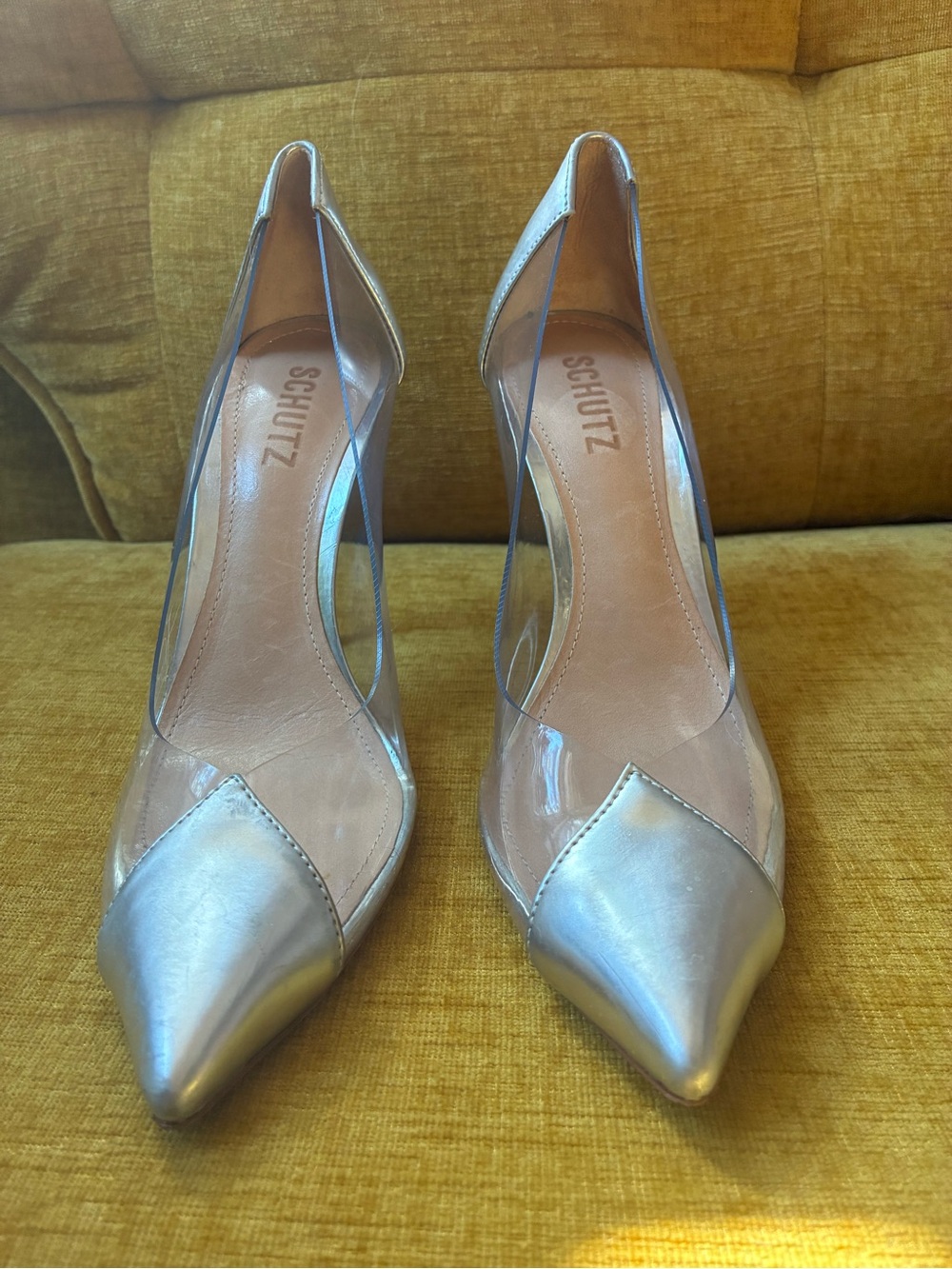SCHUTZ Silver Pointed-Toe Clear-Sided Pumps